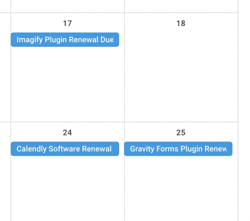 Software renewal reminders in calendar